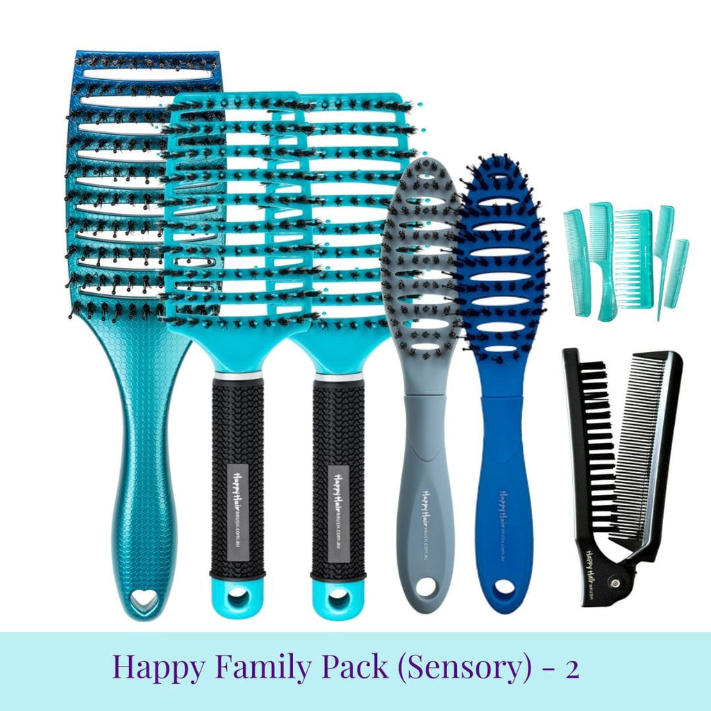 Happy Hair Brush Brush Pack Blue-Teal Family Pack - 2 KIDS Sensory