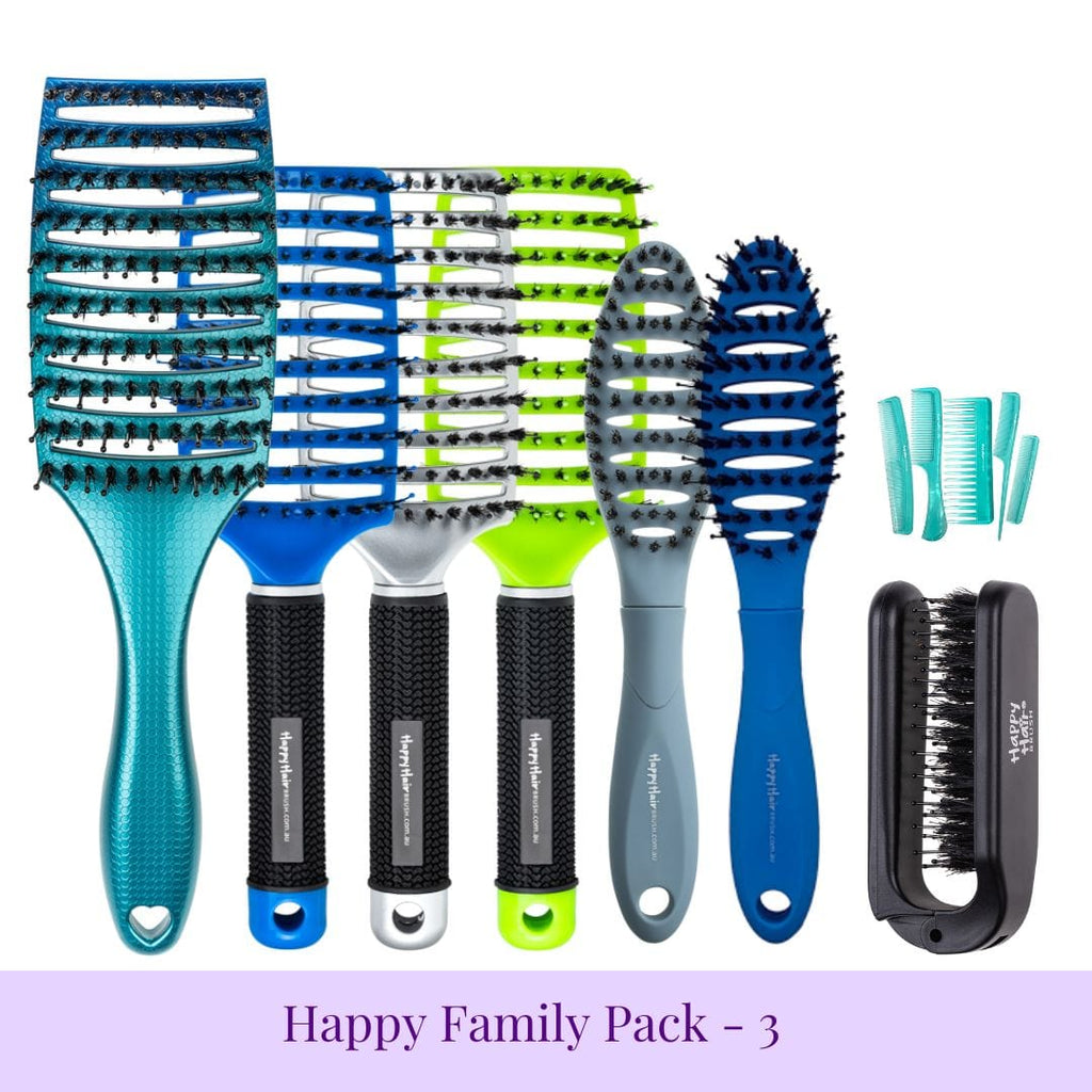 Happy Hair Brush Brush Pack Blue-Teal Family Pack - 3 KIDS